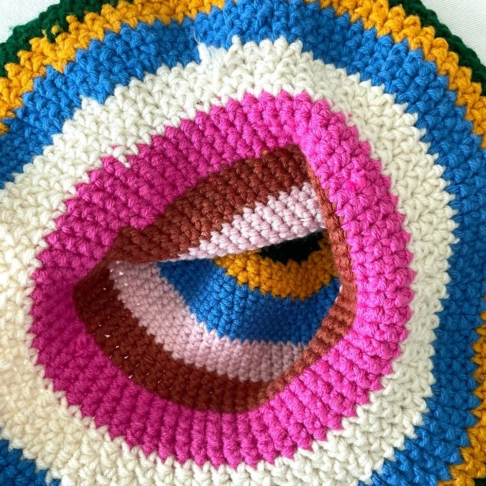 Handmade Crochet Knit Floppy Hat Rainbow Striped Boho Festival Wide Brim